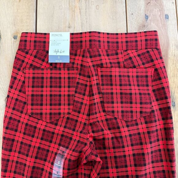 NWT Style & Co Red Black Plaid Pencil Leggings Pockets Mid Rise S - Picture 3 of 6